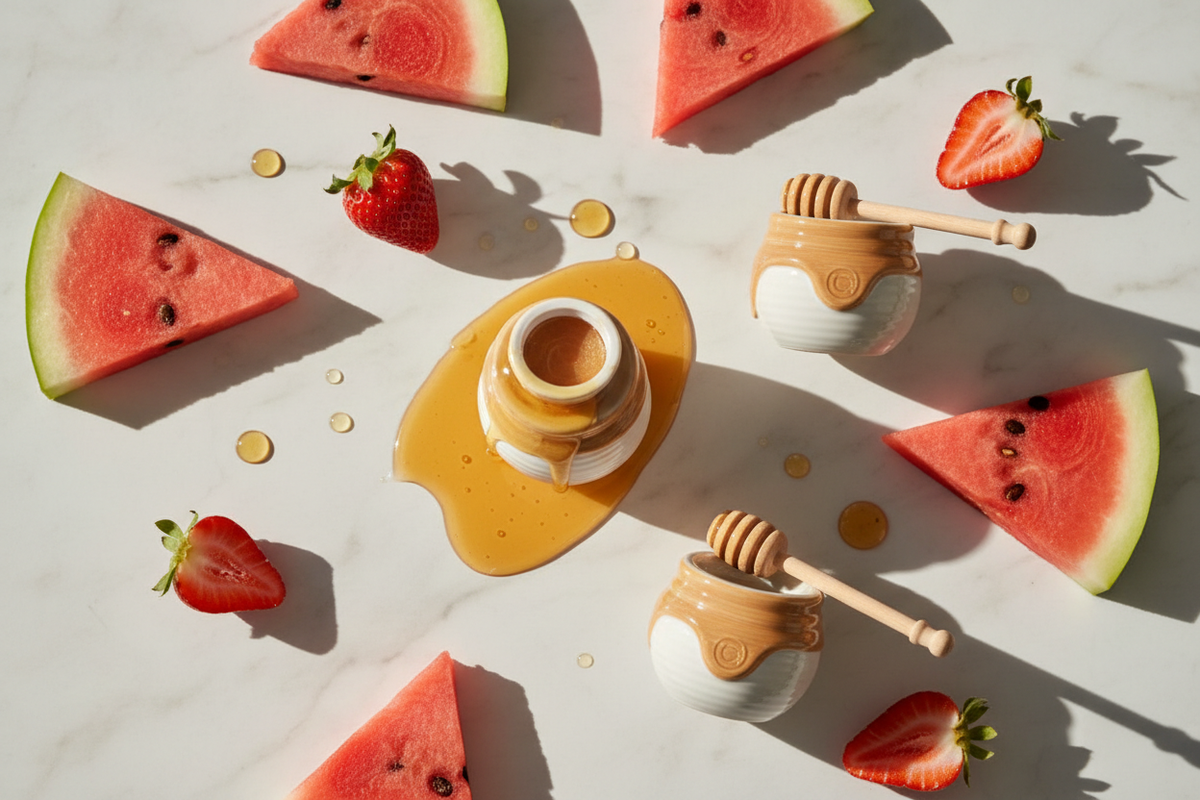 A beautiful flat lay of lip balms and lip masks with honey, strawberry, and watermelon on a white marble background