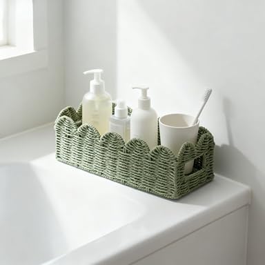 Scalloped Green Toilet Tank Basket for Back of Toilet, Wicker Bathroom Tray for Toilet Paper Storage, Bathroom Organizer for Tank Top, Countertop & Small Spaces