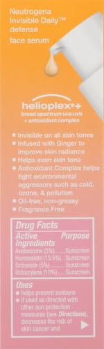 Neutrogena Invisible Daily Defense Broad Spectrum SPF 60, Antioxidants for Skin Glow, Hydrating Face Sunscreen Serum, Water Resistant (80 minutes), Oil-Free, Fragrance Free, Non Comedogenic, 1.7 Fl Oz