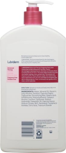Lubriderm Advanced Therapy Fragrance-Free Moisturizing Hand & Body Lotion + Pro-Ceramide, Intense Hydration for Itchy, Extra Dry, & Sensitive Skin, Non-Greasy, Hypoallergenic, 32 fl. oz (Pack of 6)