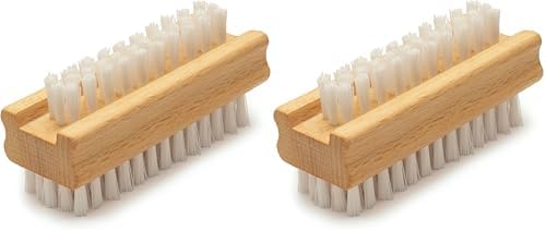 Konex Non-Slip Wooden Two-sided Hand and Nail Brush. Fingernail Brush for Nail Cleaning and Scrubbing. Heavy duty Stiff Nail Brush for Travel. Mechanic hand scrub brush with molded grip. (Pack of 2) by Konex