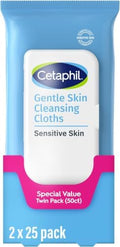Cetaphil Face and Body Wipes, Gentle Skin Cleansing Cloths, 50 Count, Twin Pack, for Dry, Sensitive Skin, Flip Top Closure, Great for the Gym, Travel, in the Car, Hypoallergenic, Fragrance Free by Cetaphil