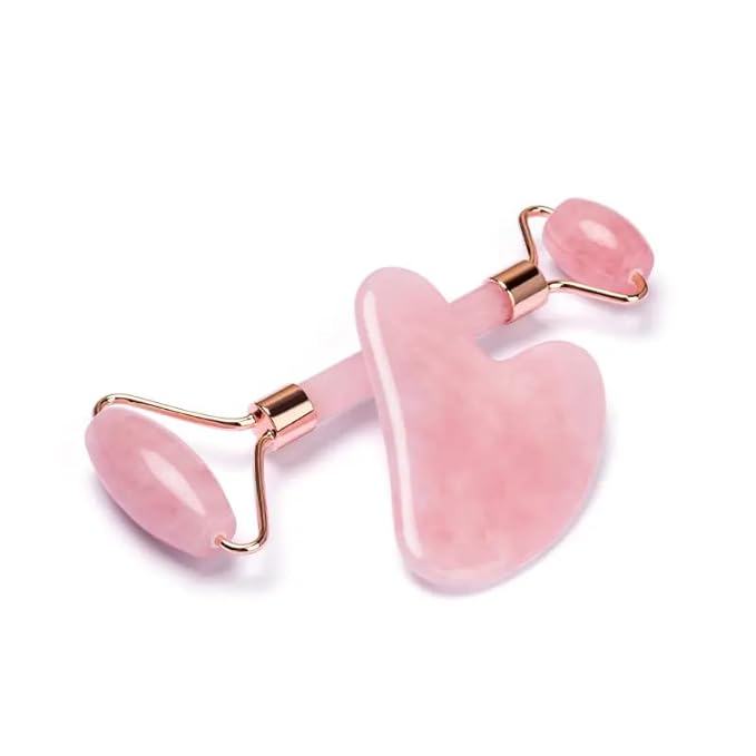Rose Quartz Gua Sha & Jade Roller Set - Facial Massage Tools for Lymphatic Drainage, Face Sculpting & Puffiness Relief - Anti-Aging Skincare Duo for Women