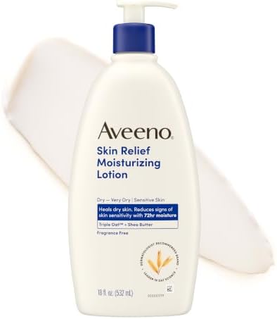 Aveeno Skin Relief Moisturizing Body Lotion Heals Very Dry, Sensitive Skin, Fast Absorbing Lotion with Soothing Triple Oat & Shea Butter Formula, Fragrance Free Lotion, Non-Comedogenic, 18 Fl Oz by Unknown