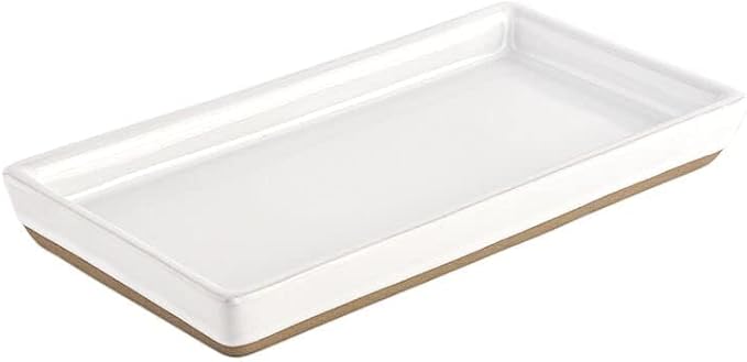 Sweet Water Decor Stoneware Tray for Home - White | Kitchen and Bathroom Dispenser Holder | Jewelry Dish | Glass Soap Holder for Bottles | Long Plate for Counter Tops | Vanity Décor