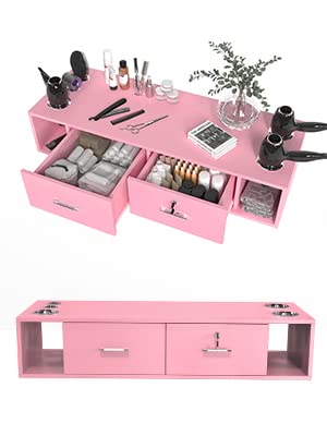 OmySalon Locking Wall Mount Styling Station, Beauty Barber Spa Equipment, Salon Cabinet Station for Hair Stylist,Bathroom Dresser with 5 Hair Dryer Holders,Pink