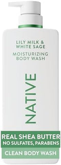 Native Moisturizing Body Wash, Clean & Gentle 24-Hour Hydration with Shea Butter, for Sensitive and Dry Skin, for Women & Men, Sulfate-free, Paraben-free, Lily Milk & White Sage, 22 fl oz by Native