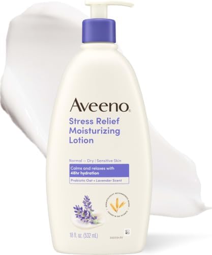 Aveeno Stress Relief Moisturizing Body Lotion, Lavender Scent with Prebiotic Oat for Sensitive Skin, Lightly Scented Lotion with 48-Hour Hydration, Fast Absorbing, Non-Greasy, 18 Fl Oz by Aveeno