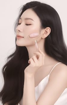 Rose Quartz Natural Stone Curved Facial Roller & Guasha Set - Jade Facial Massage and Face Sculpting Tool by Ikisatori (Rose Quartz)