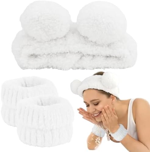 AHONEY Spa Bear Ears Headband, Face Wash Headband and Wristband Set, Cute Makeup Skincare Headbands Wrist Bands for Washing Face for Women Girls Elastic Hair Band (White) - Image 7