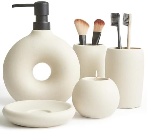 Ceramic Bathroom Accessory Set, 5 Pcs - Soap Dispenser 16 Oz, Toothbrush Cup, Toothbrush Holder, Soap Dish, Candle Holder - Beige, Boho Bathroom Sink Decor, Modern Countertop Accessories by Unknown
