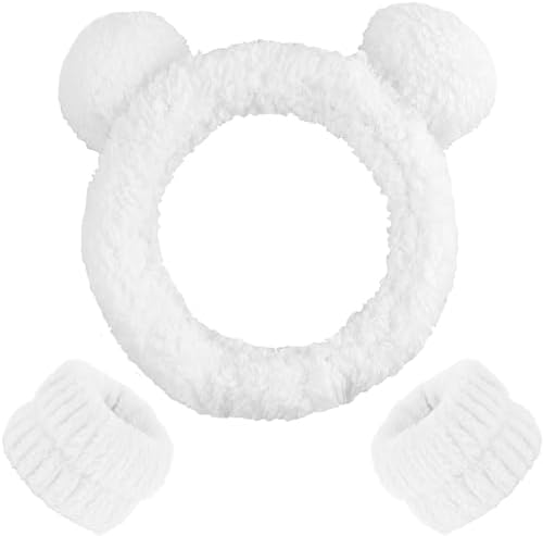 AHONEY Spa Bear Ears Headband, Face Wash Headband and Wristband Set, Cute Makeup Skincare Headbands Wrist Bands for Washing Face for Women Girls Elastic Hair Band (White) by Ahoney