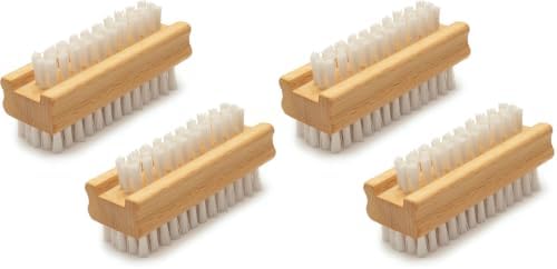 Konex Non-Slip Wooden Two-sided Hand and Nail Brush - Stiff Bristle Fingernail Brushes for Cleaning Under Nails - Heavy Duty Fingernail Brush for Manicure and Automotive Use - 4 Pack by Konex