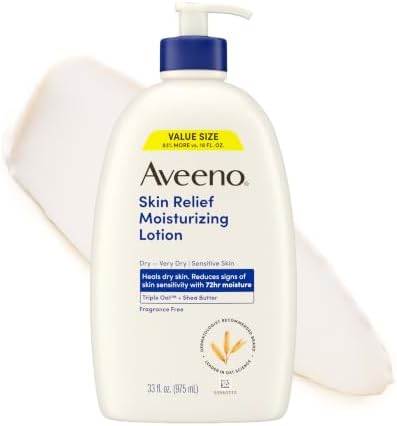 Aveeno Skin Relief Moisturizing Body Lotion Heals Very Dry, Sensitive Skin, Fast-Absorbing Lotion with Soothing Triple Oat & Shea Butter Formula, Fragrance Free Lotion, Non-Comedogenic, 33 Fl Oz by Aveeno