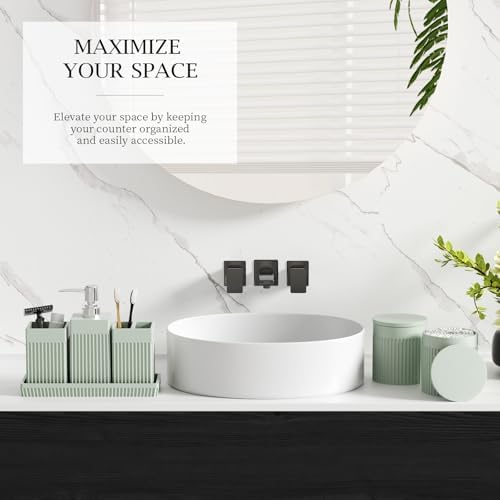Bathroom Accessories Set, 6-Piece Resin Green Bathroom Set with Toothbrush Holders, Soap Dispenser, Vanity Tray, Tumbler, Cotton Swab Jars, Modern Bathroom Organizer for Small Spaces - Image 6