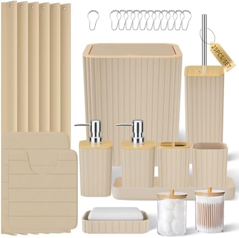 XLHOMO Bathroom Set- 25PC Beige Bathroom Set with Shower Curtain and Rugs by BetterbathroomwithXLHOME
