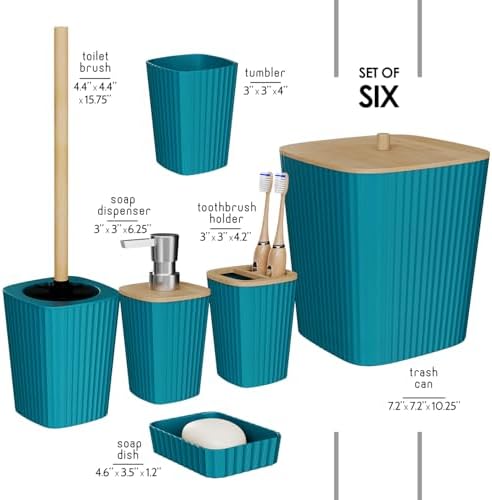 Clara Clark Bathroom Set - Teal Bathroom Accessories Set, 6PC Bathroom Accessory Set, Bathroom Sets with Toilet Brush, Trash Can & Soap Dispenser - Image 2