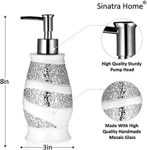 Zahari Home 4pc Sinatra Stylish Bathroom Accessories Set White Soap Dispenser, Tumbler, Tooth Brush Holder and Soap Dish Modern Classic Luxury Decor Bling Mosaic Glass White Bathroom Accessories - Image 2
