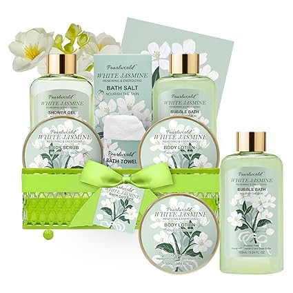 Bath Gift Baskets for Women, 9pc Jasmine Spa Gifts Set for Women, Self Care & Body Relaxing, Birthday Gift Basket, Mother's Day Gifts, Christmas, Anniversary Bath Gift Set