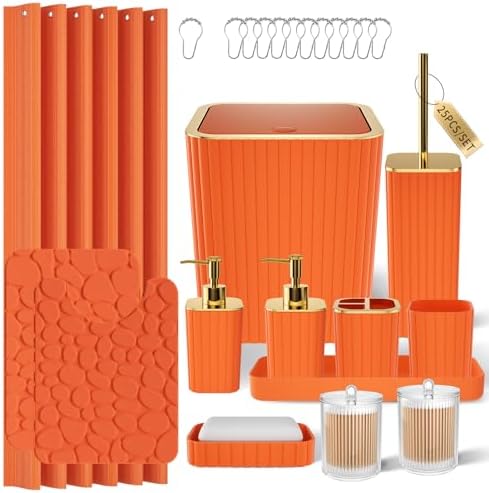 XLHOMO Bathroom Accessories Set - 25PC Bathroom Sets with Shower Curtain and Rugs, Orange Bathroom Accessories with Trash Can, Soap Dispenser, Soap Dish & Toilet Brush by BetterbathroomwithXLHOME