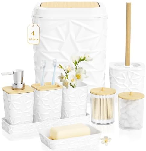Bathroom Accessory Set, 9-Piece White Bathroom Set with Trash Can, Toilet Brush, Soap Dispenser, Soap Dish, Toothbrush Holder, Tumbler, Q-tip Holders & Tray, for Hotel/Apartment, Housewarming Gift by Unknown