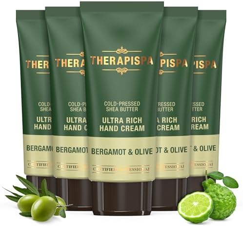 THERAPISPA Ultra Rich Hand Cream – Intensive Hydration & Repair for Dry, Chapped Hands | Enriched with Shea Butter, Ceramides, Niacinamide (B3) & Panthenol (B5) (Bergamot & Olive, 2.0 oz, Pack of 5) by THERAPISPA