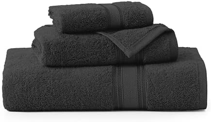 LANE LINEN Luxury Towels Set - 3 Piece Set, 100% Cotton Bathroom Towels, Zero Twist, Quick Dry Shower Towels, Absorbent Bath Towel, Super Soft, 1 Bath Towel, 1 Hand Towel, 1 Wash Cloths - Black - Image 2