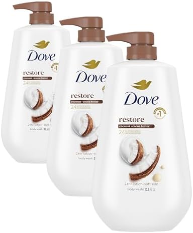 Dove Body Wash with Pump Restore Coconut & Cocoa Butter for 24hr Lotion-Soft Skin Moisturizing Skin Cleanser with No Sulfates No Parabens 30.6 Oz (Pack of 3) by Dove
