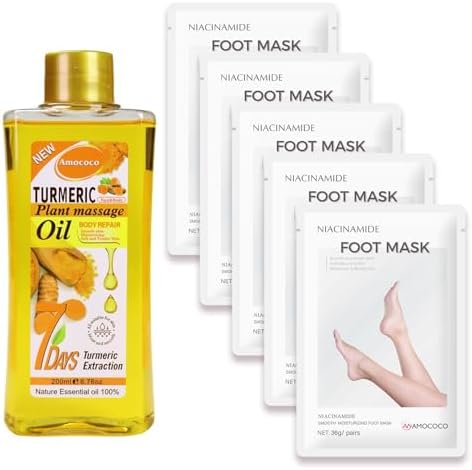 Foot Mask & Turmeric Oil, Deep Hydration Foot for Dry Cracked Skin, Nourishing Body Care with Vitamin E, SPA at Home by Amococo