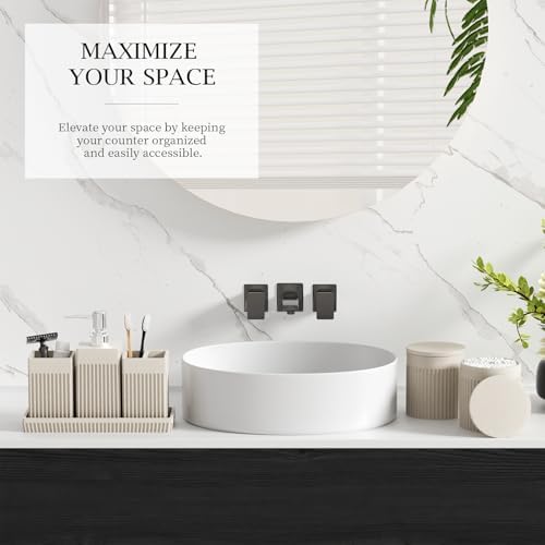 6-Piece Beige Bathroom Set - Sleek Resin Bathroom Accessories Set with Soap Dispenser, Toothbrush Holder, Vanity Tray, Tumbler & Apothecary Jars for Small Spaces - Image 6