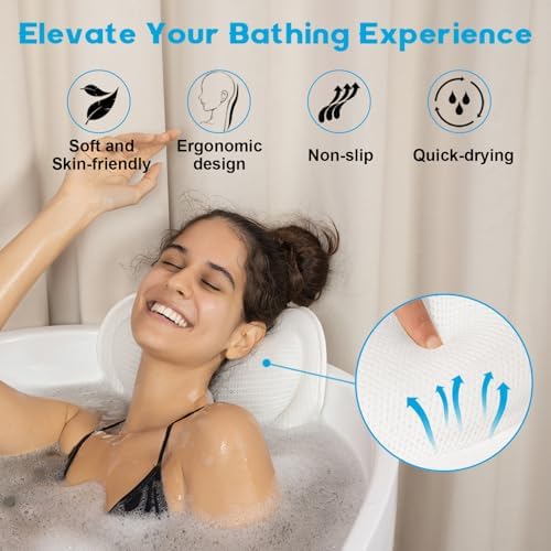 Bath Pillows for Tub Neck and Back Support - Upgraded Non-Slip Rubber Backing & 6 Suction Cups, 4D Air Mesh Spa Bathtub Cushion for Head Rest, Machine Washable with Laundry Bag & Hook(White) - Image 5