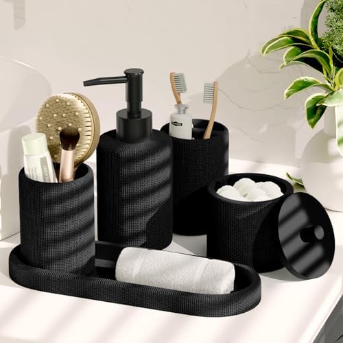 Clara Clark Bathroom Set - Black Bathroom Accessories Set, 5PC Bathroom Accessory Set, Bathroom Sets with Soap Dispenser, Toothbrush Holder, Tumbler, Cotton Swab Jar & Vanity Tray - Image 7