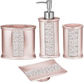 Zahari Home 4pc Sinatra Stylish Bathroom Accessories Set Liquid Soap Dispenser, Tumbler, Tooth Brush Holder and Soap Dish Modern Classic Luxury Decor Bling Mosaic Glass Blush Bathroom Accessories by ZahariHome