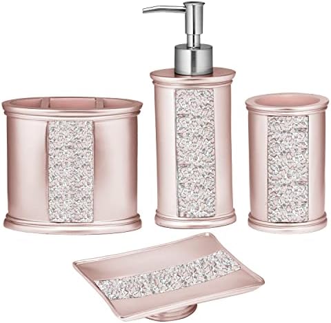 Zahari Home 4pc Sinatra Stylish Bathroom Accessories Set Liquid Soap Dispenser, Tumbler, Tooth Brush Holder and Soap Dish Modern Classic Luxury Decor Bling Mosaic Glass Blush Bathroom Accessories by ZahariHome