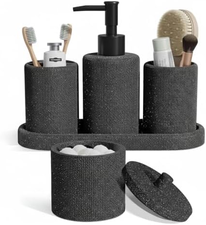 Clara Clark Bathroom Set - Coal Black Bathroom Accessories Set, 5PC Bathroom Accessory Set, Bathroom Sets with Soap Dispenser, Toothbrush Holder, Tumbler, Cotton Swab Jar & Vanity Tray by ClaraClark