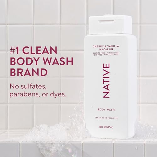 Native Clean Body Wash, Gentle & pH-balanced for Sensitive Skin, 24-Hr Freshness for Women & Men, Vegan & Cruelty-Free, Free of Sulfates & Parabens, Cherry & Vanilla Macaron, 18 fl oz - Image 2