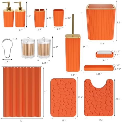 XLHOMO Bathroom Accessories Set - 25PC Bathroom Sets with Shower Curtain and Rugs, Orange Bathroom Accessories with Trash Can, Soap Dispenser, Soap Dish & Toilet Brush - Image 3