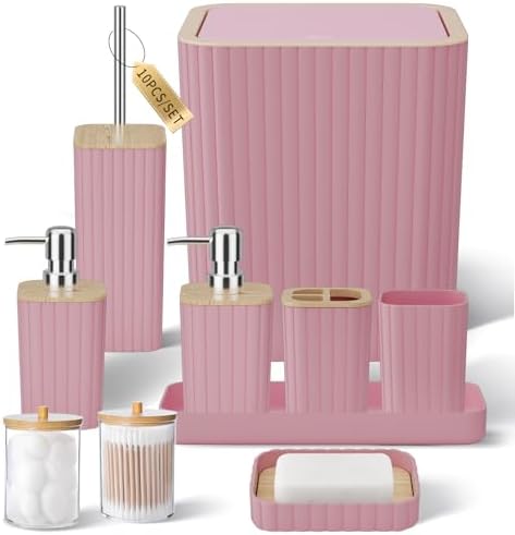 XLHOMO Bathroom Accessories Set - Elegant Pink Bathroom Set, 10PC Bathroom Accessory Set, Toilet Brush, Bathroom Trash Can by BetterbathroomwithXLHOME