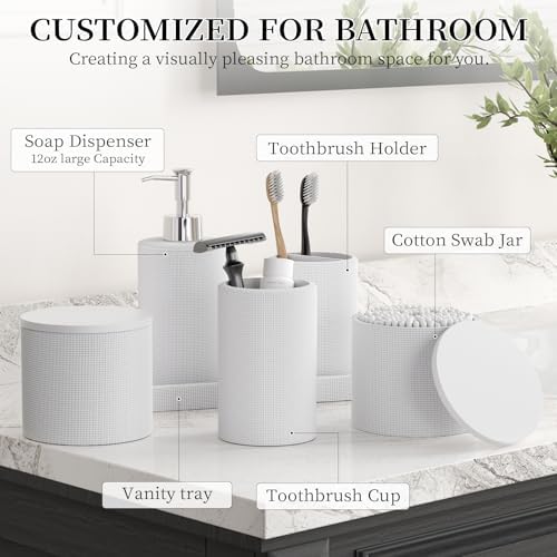 6-Piece White Bathroom Set - Mesh Textured Resin Bathroom Accessories Set with Soap Dispenser, Toothbrush Holder, Cup, Vanity Tray & Apothecary Jars for Small Spaces - Image 2