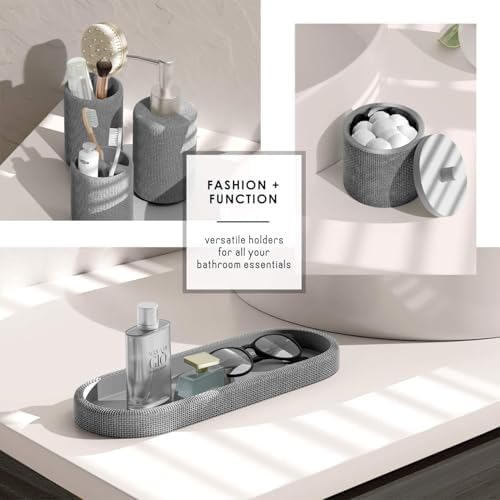 Clara Clark Bathroom Set - Grey Bathroom Accessories Set, 5PC Bathroom Accessory Set, Bathroom Sets with Soap Dispenser, Toothbrush Holder, Tumbler, Cotton Swab Jar & Vanity Tray - Image 4