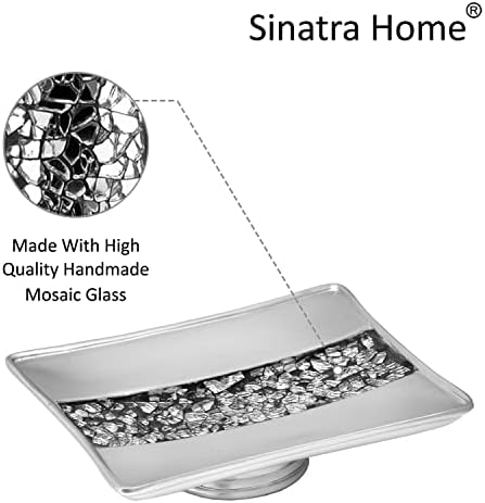Zahari Home 4pc Sinatra Stylish Bathroom Accessories Set Liquid Soap Dispenser, Tumbler, Tooth Brush Holder and Soap Dish Modern Classic Luxury Decor Bling Mosaic Glass Silver Bathroom Accessories - Image 6