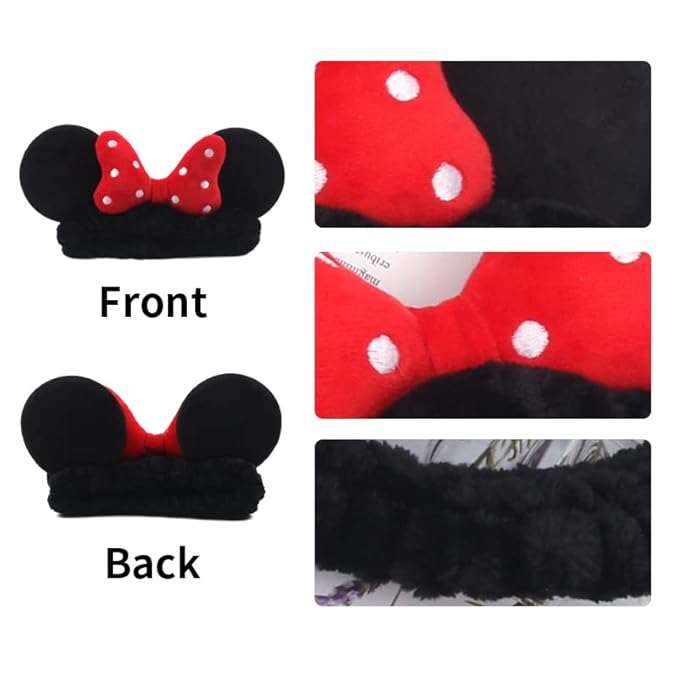 JIAHANG Mouse Ears Facial Spa Headbands, Coral Fleece Wash Face Hair Band, Velvet Bow Shower Hair Band for Girls Women Make up Hair Accessories