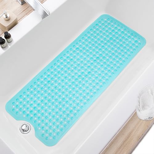 TEESHLY Bath Tub and Shower Mats, Non Slip 40 x 16 Inch Extra Large Bathtub Mat, Machine Washable Bathmat with Drain Holes, Suction Cups for Bathroom Floor, Clear Turquoise by TEESHLY