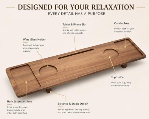 Luxury Wooden Bathub Caddy Tray - Premium Natural Acacia Bath Organizer with Wine Glass Holder, Tablet Slot and Phone Mount - Expandable Spa Board to Fit Most Tubs - Image 3