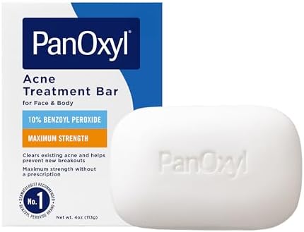 PanOxyl Acne Treatment Bar with 10% Benzoyl Peroxide, Maximum Strength Bar Soap for Face, Chest and Back, Benzoyl Peroxide Soap Body Wash, Vegan, For Acne Prone Skin, 4 oz by PanOxyl