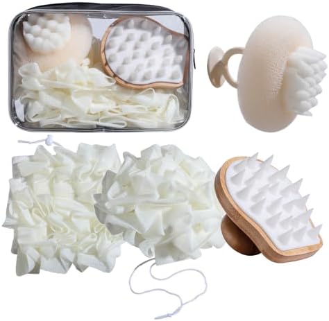 Bath Tools Set, 5 PCS Loofah Washcloth Combo 2-in-1, Suction Cup Bath Ball，Silicone Body Bath Brush with Waterproof Cosmetic Bag, for Body Wash and Smooth Skin by NVTED