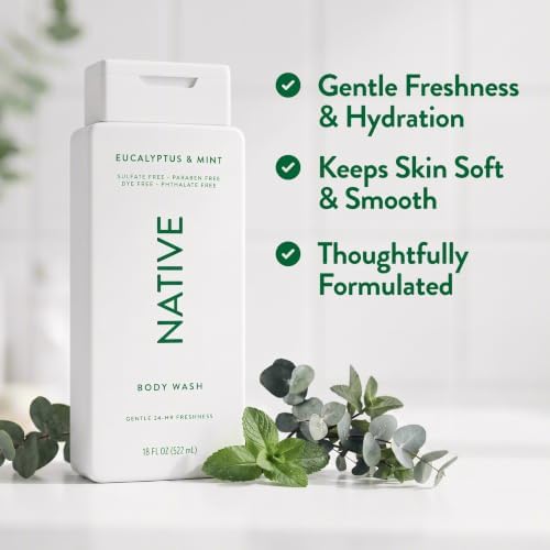 Native Clean Body Wash for Women and Men, Eucalyptus and Mint Scent, Gentle & pH-balanced for Sensitive Skin, Sulfate & Paraben Free Cleanser, Contains Plant-Based Ingredients, Cruelty-Free, 18 fl oz - Image 2