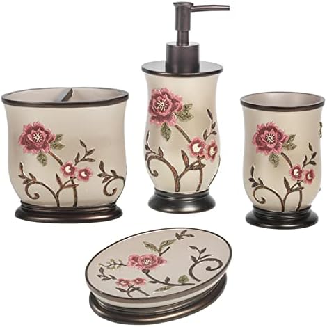 Zahari Home 4pc Larrisa Floral Bathroom Accessories Sets Modern Classic Flower Soap Dispenser, Tumbler, Tooth Brush Holder and Soap Dish Holder Luxury Decor Unique Design Stylish Bathroom Sets by ZahariHome