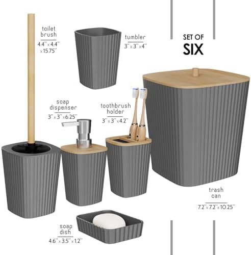 Clara Clark Bathroom Set - Grey Bathroom Accessories Set, 6PC Bathroom Accessory Set, Bathroom Sets with Toilet Brush, Trash Can & Soap Dispenser - Image 2