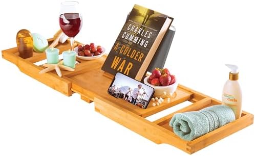 Bathtub Tray for Tub - Natural Bamboo Bath Tray, Expandable Wooden Bath Caddy Tray with Wine Holder, Book and Tablet Stand, Bathroom Accessories, Tub Table, Bridal Shower Gifts for Women by Bamb%C3%BCsi